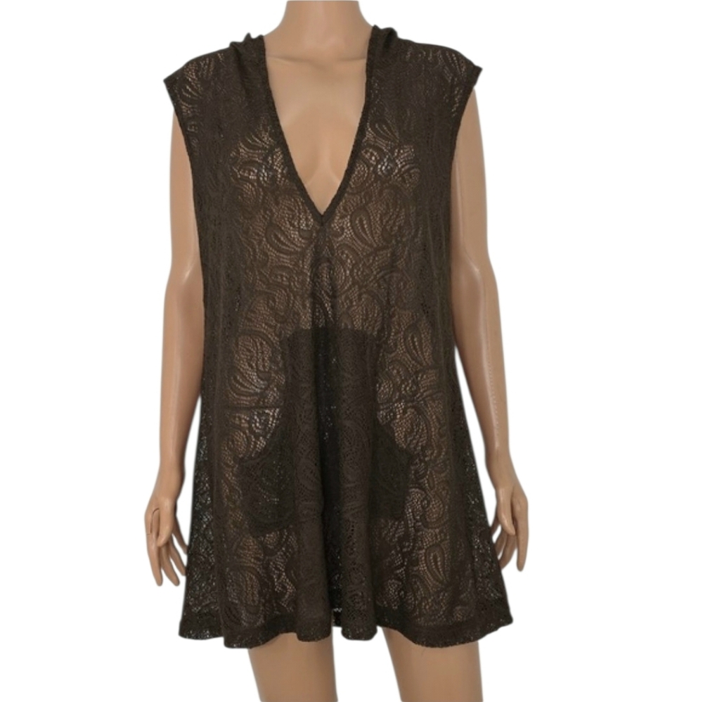Portocruz Womens Sleeveless Hooded Swim Cover-Up Brown Size‎ L Large NWT